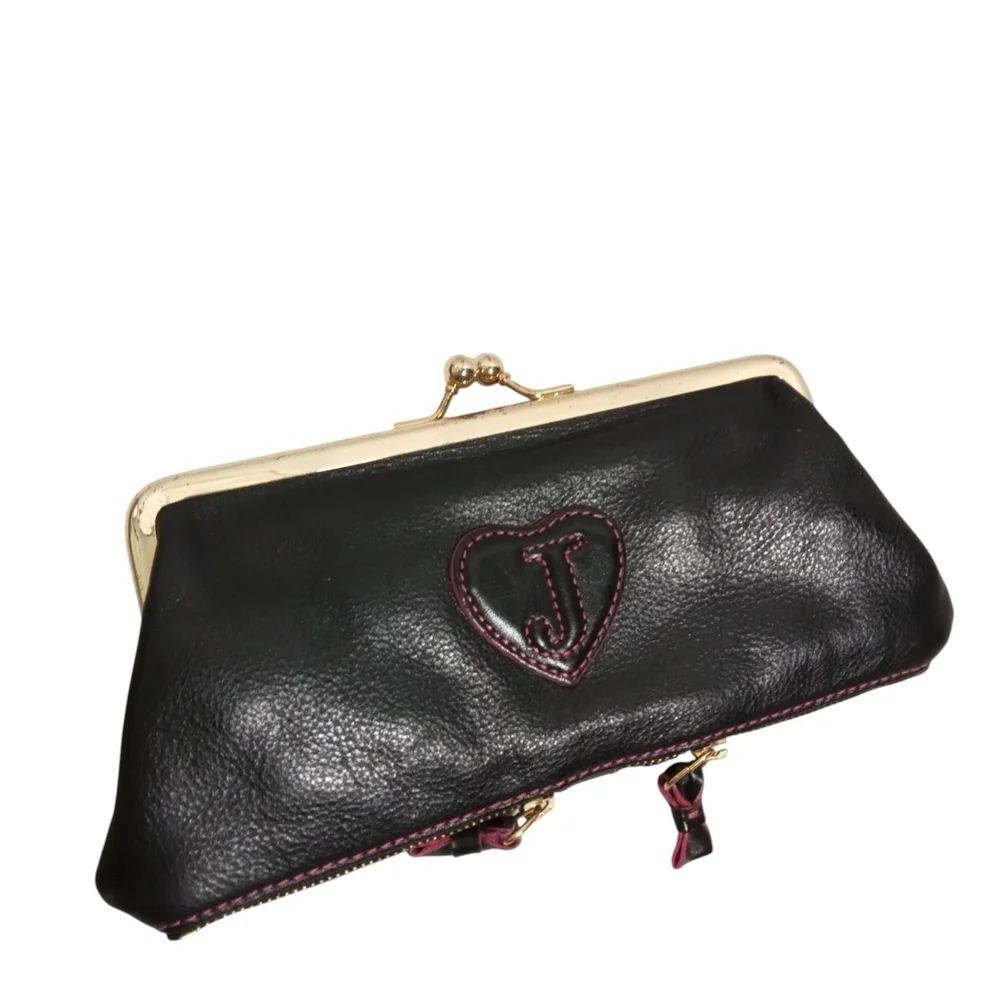 Juicy Couture Black Leather Kiss Lock Bow Clutch Wallet Gold Logo Evening
